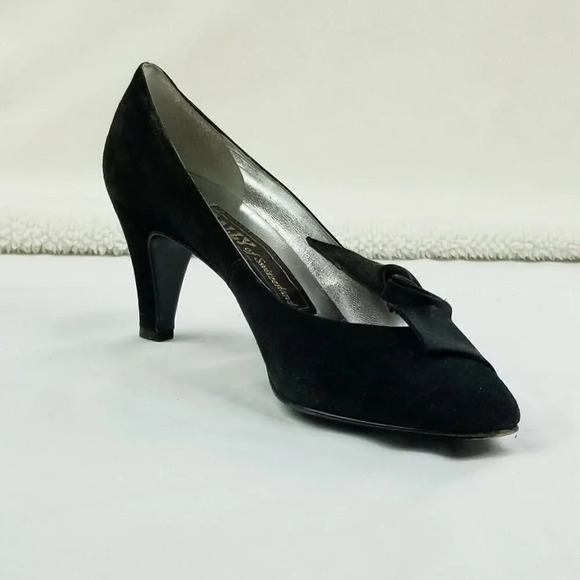 Bally Dagmar size 5.5B Women's Black Suede Satin Bow Accent Slip On Kitten Heels - Picture 8 of 12